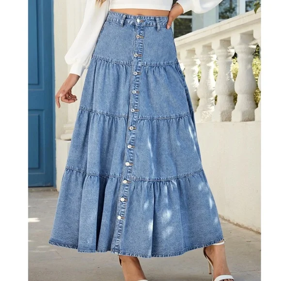 Luxe Medium Wash Button Ruffle Hem Denim Jean Maxi Skirt - Picture 4 of 5